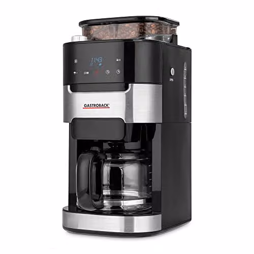 Cafetera de filtro con molinillo integrado Gastroback Grind & Brew Pro 42711 con pantalla táctica LCD y jarra de cristal en color plata y negro