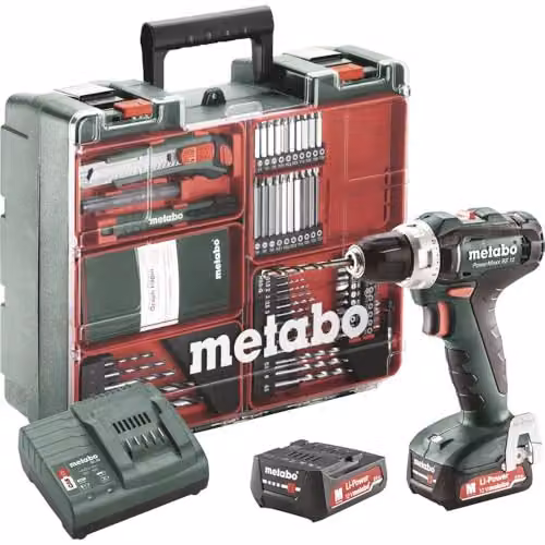 Taladro atornillador de batería Metabo PowerMaxx BS 12 Set de 12V con 2 baterías de 2Ah, cargador, maletín y kit de accesorios en color negro