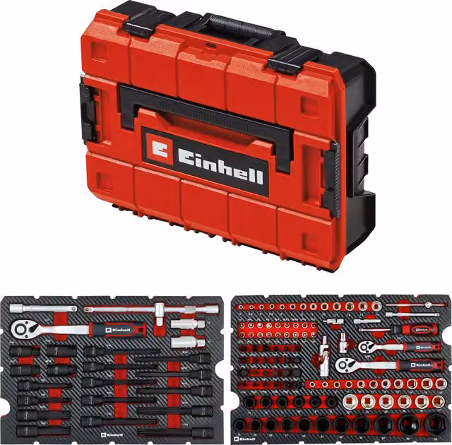 Kit de herramientas Einhell E-case de 121 piezas apilable con cierre en color negro y rojo
