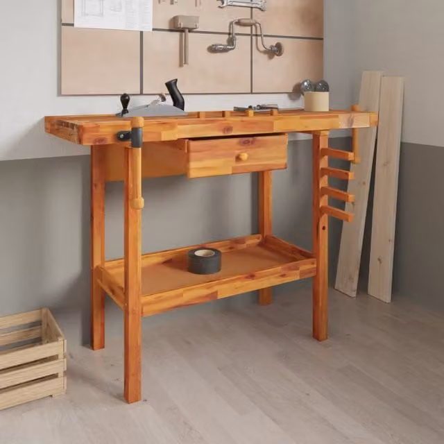 Banco de trabajo con cajón y tornillo de banco de madera de acacia color marrón vidaXL An/P/Al: 124 x 52 x 83 cm