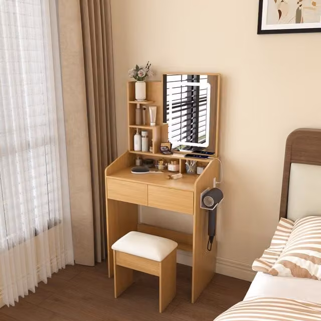 Mueble de tocador OKWISH con espejo LED, enchufe integrado, 2 cajones, soporte para secador y taburete en color marrón y beige