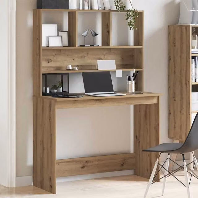 Escritorio de ordenador con estantes SYFAX en madera color roble, An/P/Al: 102 x 45 x 148 cm