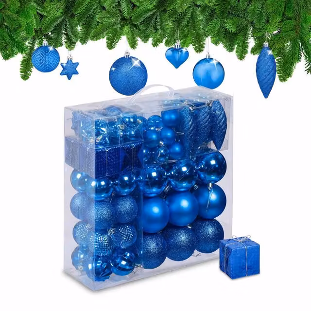 Set de 110 piezas de adornos navideños NORTHIX con bolas, estrellas y corazones en colores azul y multicolor