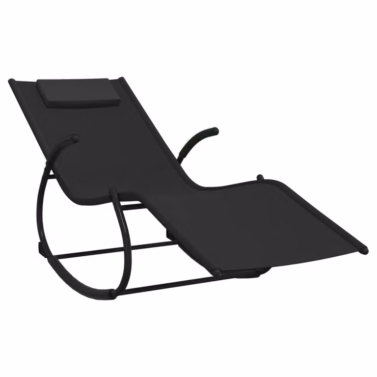 Tumbona mecedora Syfax de acero con textilene negro, reposacabezas ajustable y reposabrazos