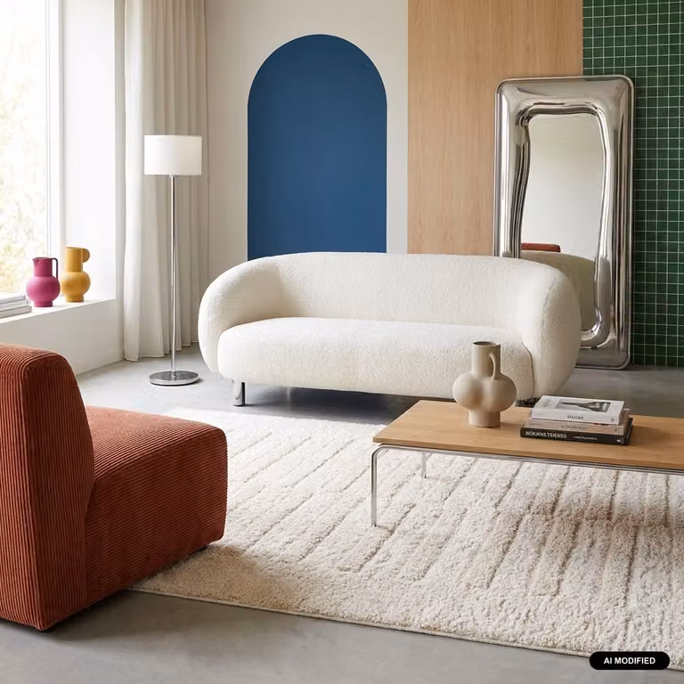 Alfombra interior moderna SWEEEK de poliéster con diseño en relieve color beige, An/P: 200 x 76,2 cm