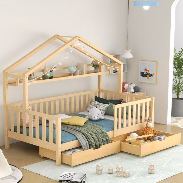 Cama Casita MODENVIE para niños en madera de pino, estilo escandinavo con 2 cajones, estante integrado y barandilla, color natural, An/P/Al: 90 x 200 x 166,5 cm