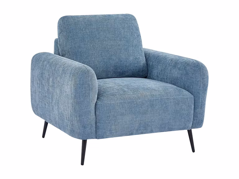 Sillón moderno de tela azul con estructura mixta de metal y madera - VENTE-UNIQUE