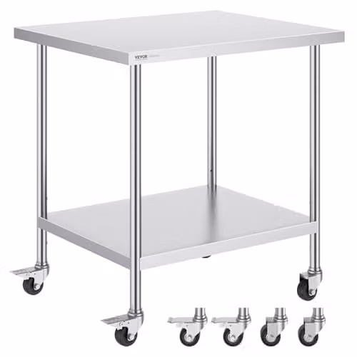 Mesa de trabajo de acero inoxidable VEVOR con ruedas y estante ajustable en altura, color plata, An/P/Al: 76,2 x 91,4 x 95,46 cm