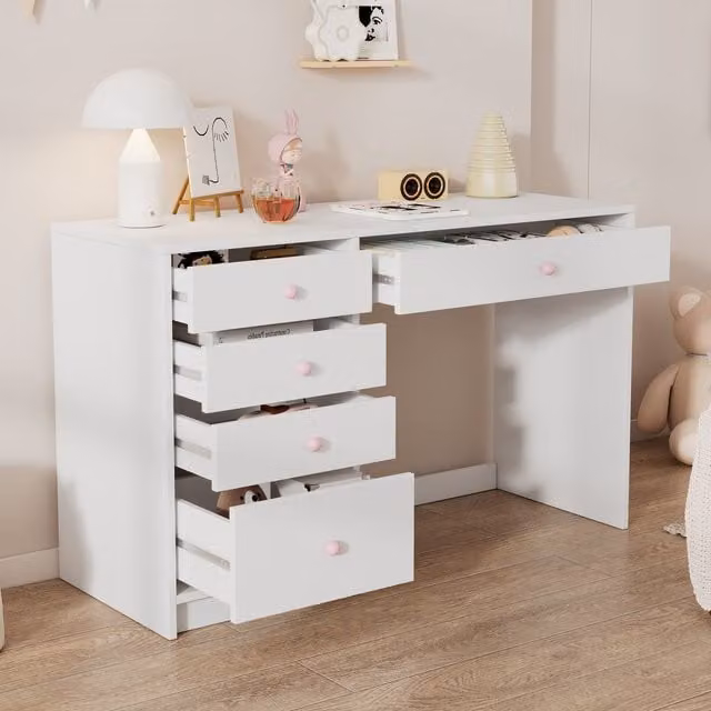 Escritorio Redom de 5 cajones para dormitorio u oficina, color blanco con detalles en rosa, An/P/Al: 120 x 45 x 74 cm