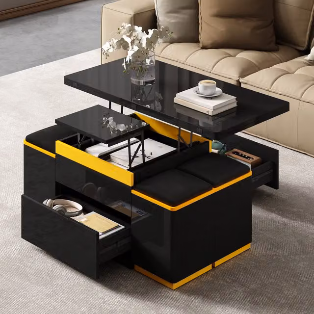 Mesa de centro elevable y plegable con almacenaje y 4 taburetes MODENVIE para salón, An/P/Al: 100 x 50 x 43 cm, negro y amarillo