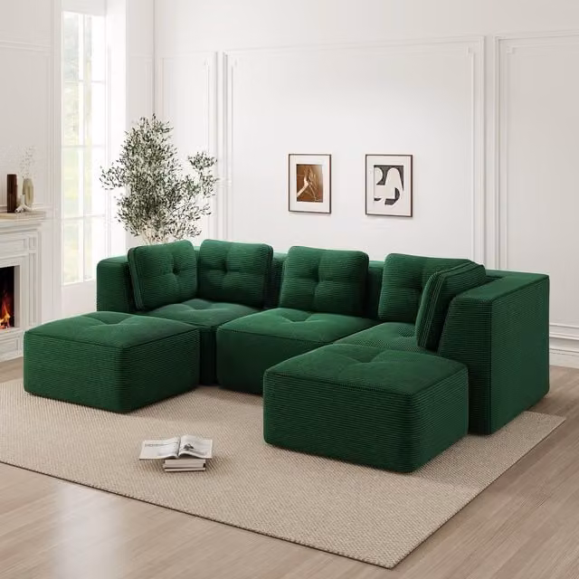 Sofá Modular de Tres Plazas KELLANY en Pana Verde con Otomana y Función de Cama para Salón