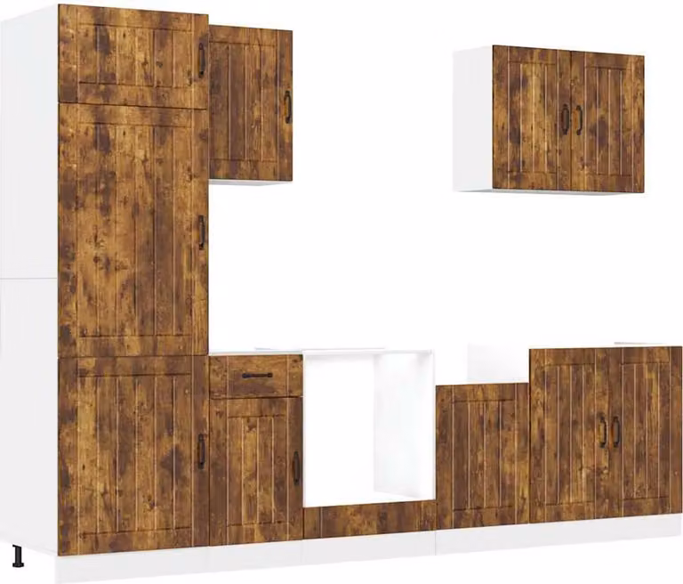 Mueble de cocina Syfax de 7 piezas en madera de roble color marrón con acabado mate y puertas batientes