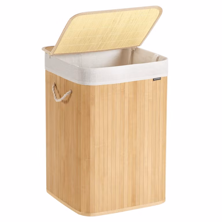 Cesto para ropa sucia Songmics de 95 l con tapa de bambú, plegable y bolsa extraíble, colores amarillo, blanco y beige