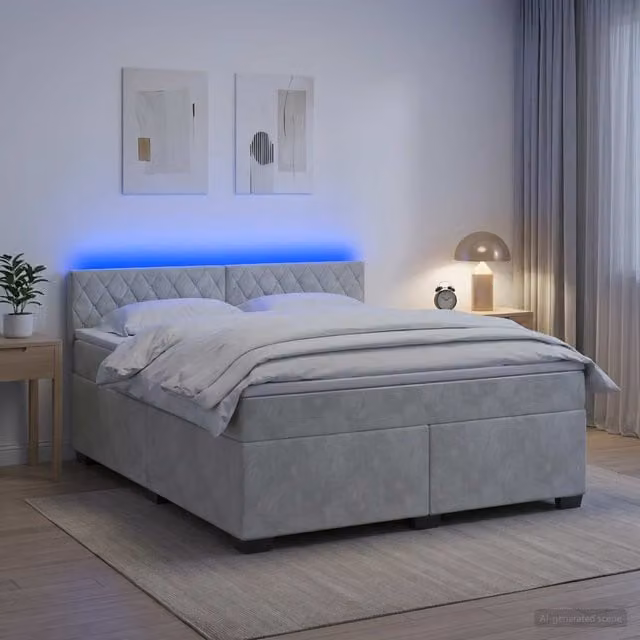 Cama Maison Exclusive con base tapizada en terciopelo gris, colchón de muelles, luz LED y puerto de carga USB, An/P: 140 x 200 cm