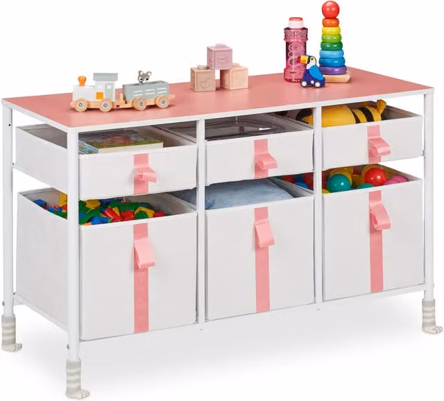 Cómoda infantil Relaxdays con 6 cajones de tela, estructura de metal y MDF, blanca y rosa, An/P/Al: 100 x 61,5 x 40,5 cm
