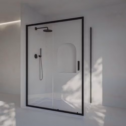 Mampara angular frontal SOULBATH con panel fijo y revestimiento easy clean en color negro, An/P/Al: 97,5-102,5 x 67,5-70 x 200 cm