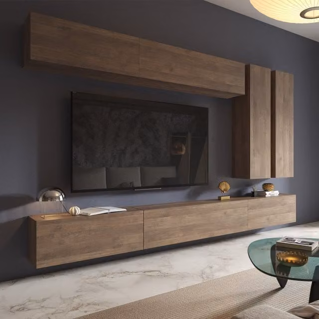 Mueble de sala modular DMORA con 7 estantes y 7 puertas en color marrón nogal