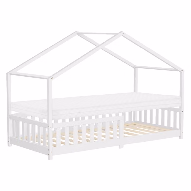 Cama infantil tipo casa de ML-Design en madera de pino maciza color blanco y beige con colchón de espuma, An/P/Al: 90 x 200 cm