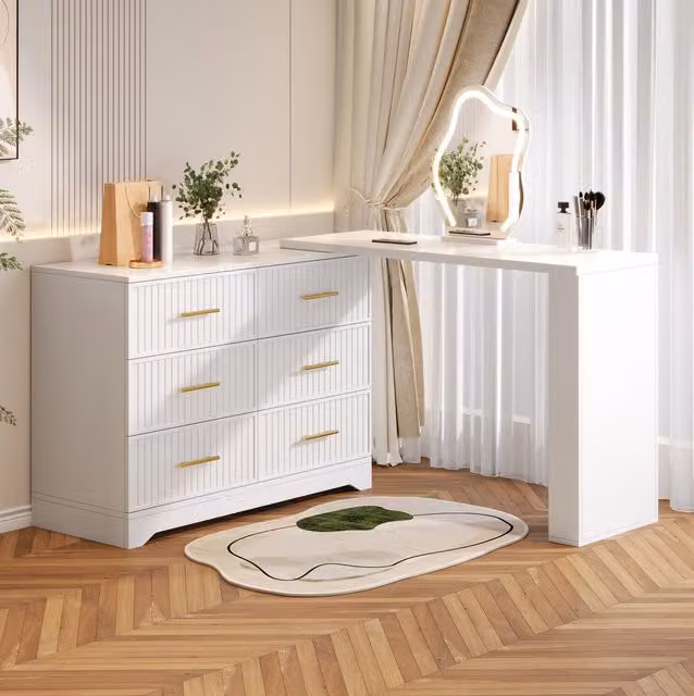 Tocador OKWISH con espejo LED y parte superior giratoria, 6 cajones, acabado blanco y dorado en MDF brillante