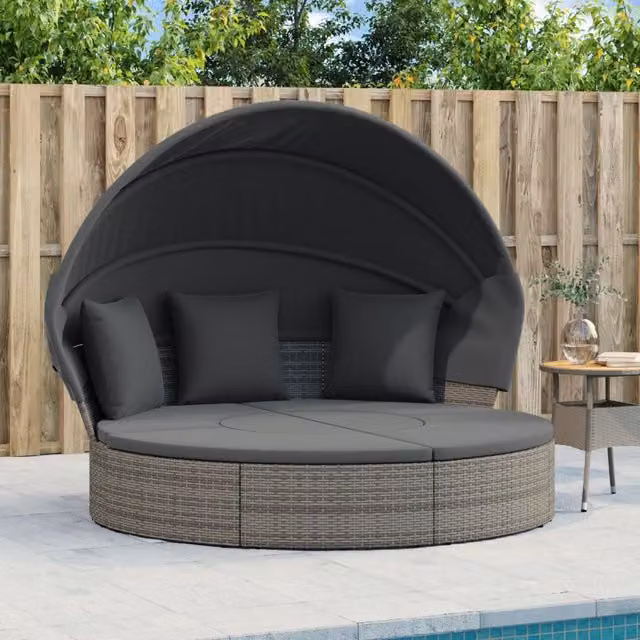 Tumbona cama de jardín vidaXL con capota y cojines en ratán y metal color gris