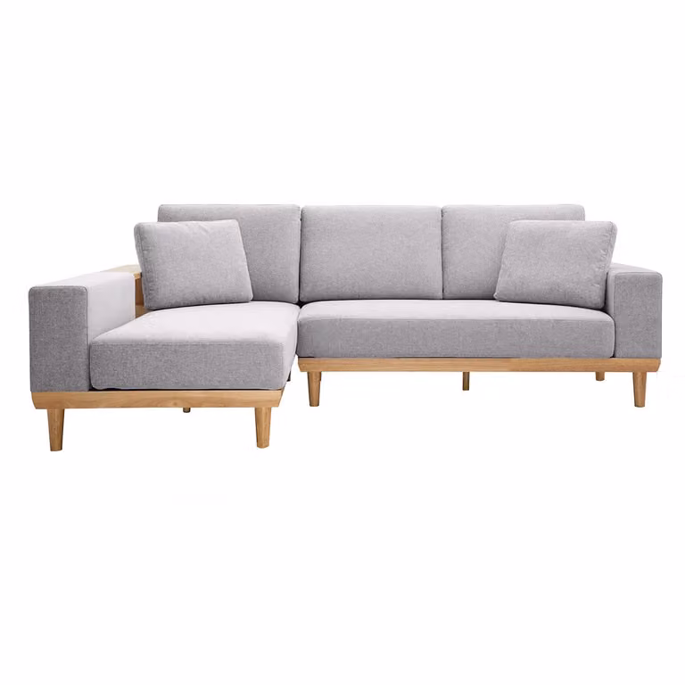 Sofá chaise longue de 5 plazas KOMAO en tela gris con efecto aterciopelado y estructura de madera clara con estantes y cojines incluidos