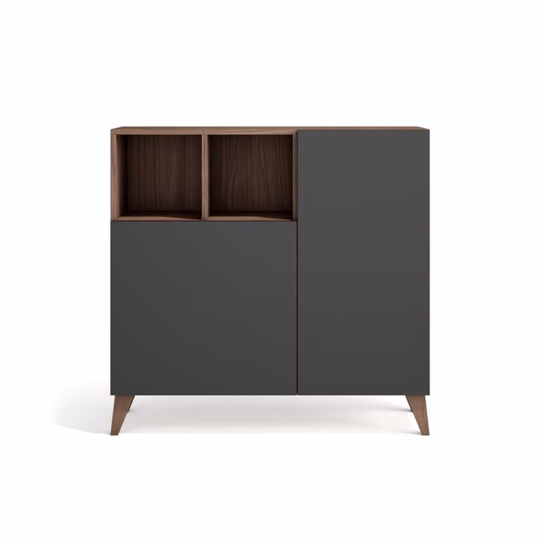 Mueble zapatero Oslo de HERDASA con patas de haya, color nogal y puertas gris grafito, An/P/Al: 87 x 27 x 90 cm