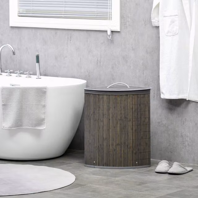 Cesto para ropa sucia de bambú Homcom en forma de abanico con tapa y bolsa extraíble gris, An/P/Al: 38 x 38 x 57 cm