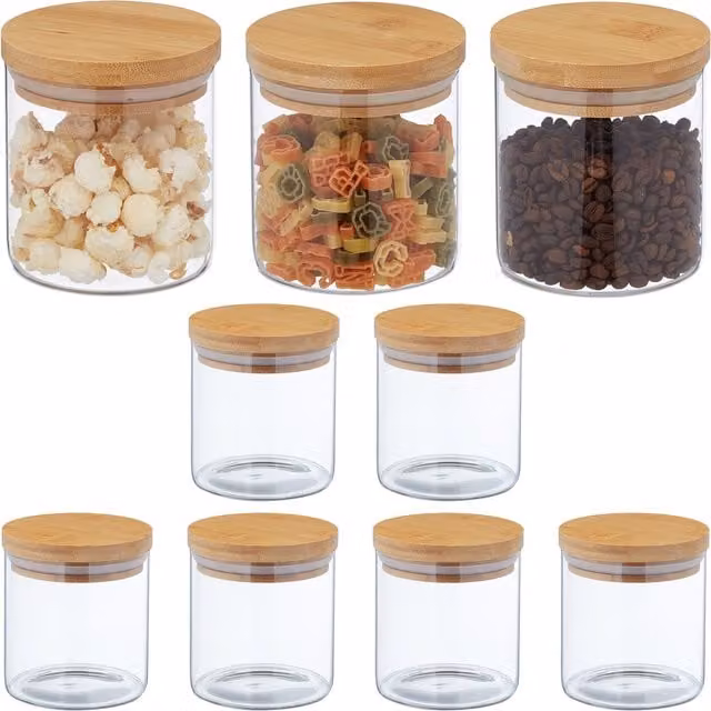 Set de 9 tarros de almacenaje herméticos de vidrio y bambú de relaxdays, transparentes, 500 ml, Diámetro: 10,5 cm, Altura: 10 cm