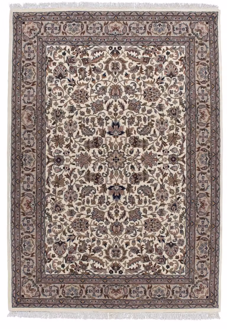 Alfombra oriental clásica de lana anudada a mano theko en beige y multicolor