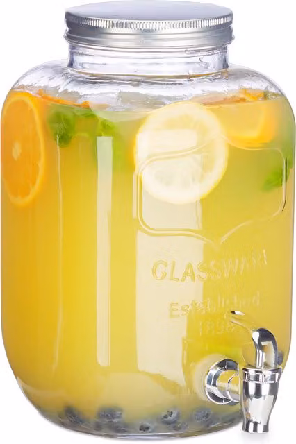 Dispensador de bebidas de vidrio estilo retro con tapa y grifo de relaxdays, transparente, 5 l