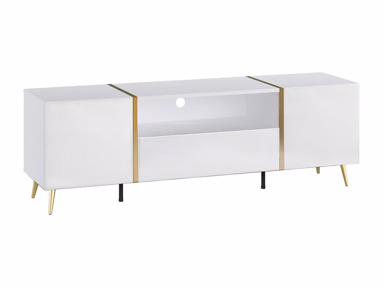 Mueble de TV Marzialo en blanco brillante y dorado con estilo Art Deco, compuesto por 2 puertas, 1 cajón y 1 estante. An/P/Al: 158 x 41 x 51,8 cm