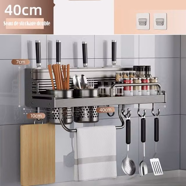 Estantería de cocina multifuncional de pared FNINIJEDE en aluminio color plata y gris para cuchillos, palillos y especieros con diseño moderno y acabado mate