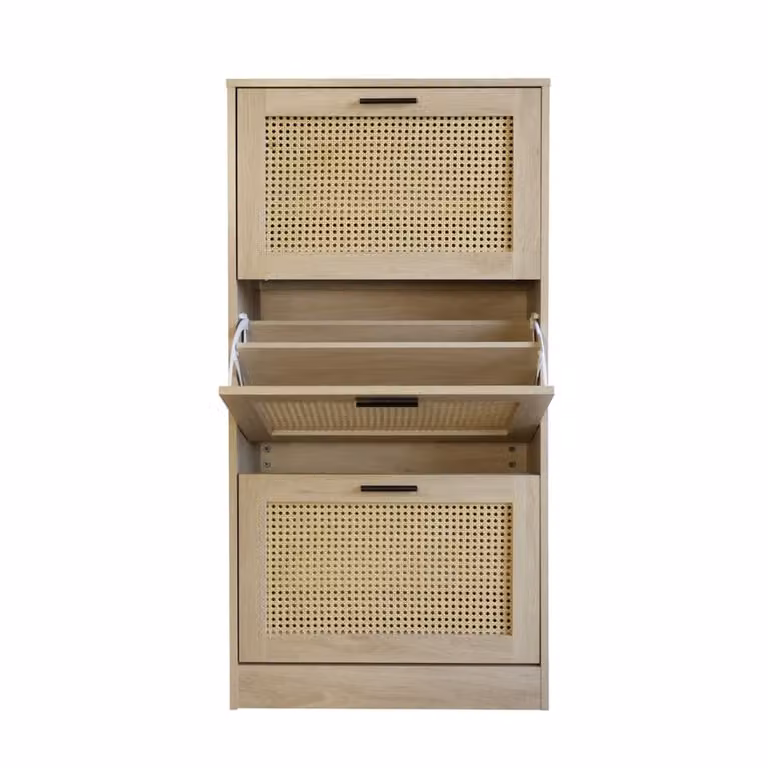 Zapatero de estilo escandinavo BOX & BEYOND con detalles de mimbre y madera en color marrón y beige, An/P/Al: 60 x 24 x 118 cm
