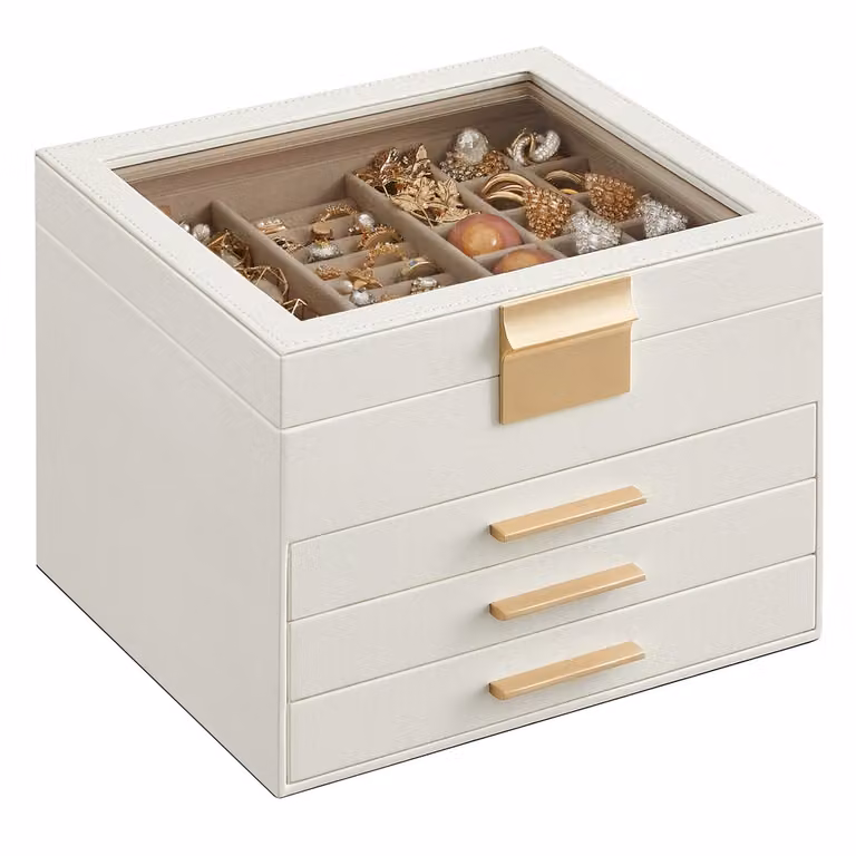 Caja de joyas Songmics en color blanco y dorado con detalles de cristal y textil, An/P/Al: 20,3 x 23,1 x 16,5 cm