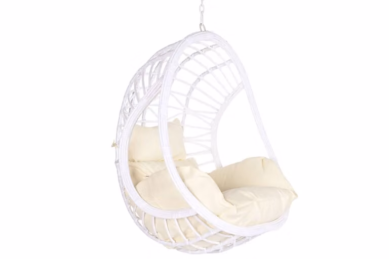 Sillón colgante de ratán Fijalo estilo boho con cojines blancos An/P/Al: 90 x 70 x 110 cm