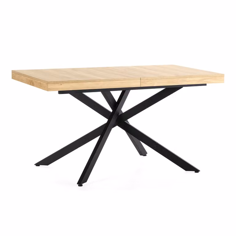 Mesa de comedor extensible HOMN Palermo color roble con estructura de metal negra y acabado mate de 140-180 cm