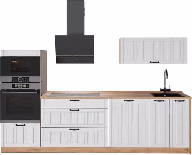 Mueble de cocina Vicco Fame-Line estilo casa de campo en blanco y roble dorado de 280 cm