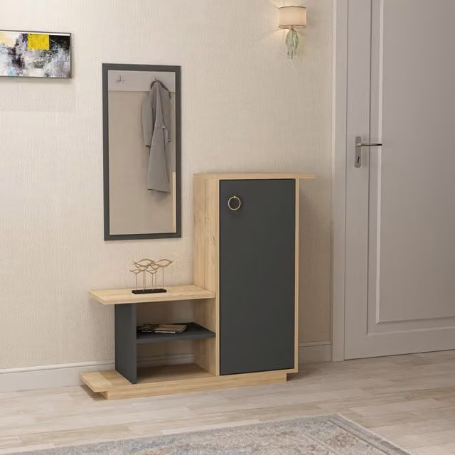 Mueble de entrada moderno DMORA con espejo en la puerta y estantes internos, acabado roble, An/P/Al: 80 x 30 x 90 cm