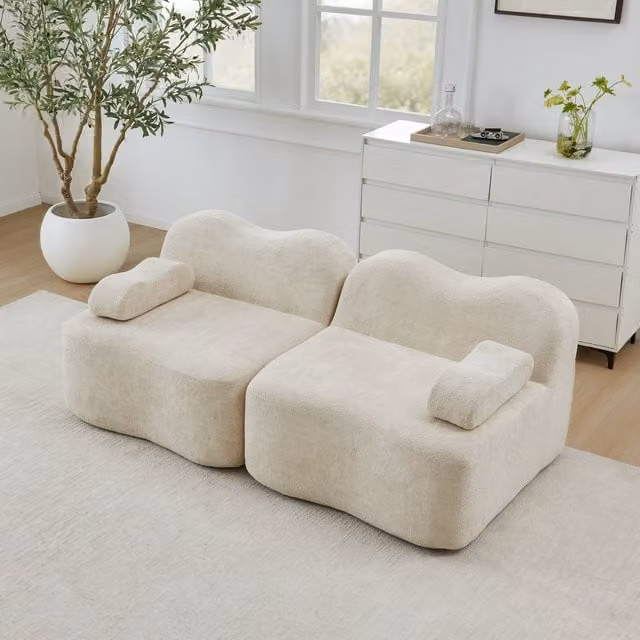 Sofá Modular Recto de 2 Plazas HAUSS SPOLE en Terciopelo Beige con Diseño Ondulado y Asiento Profundo para Salón