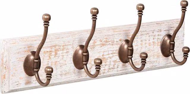 Percha de pared Nesu con 4 colgadores de madera y zamak en color bronce, blanco o marrón