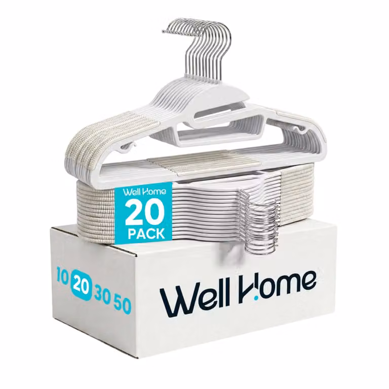 Pack de 20 perchas antideslizantes de plástico Wellhome en color blanco con barra y muescas