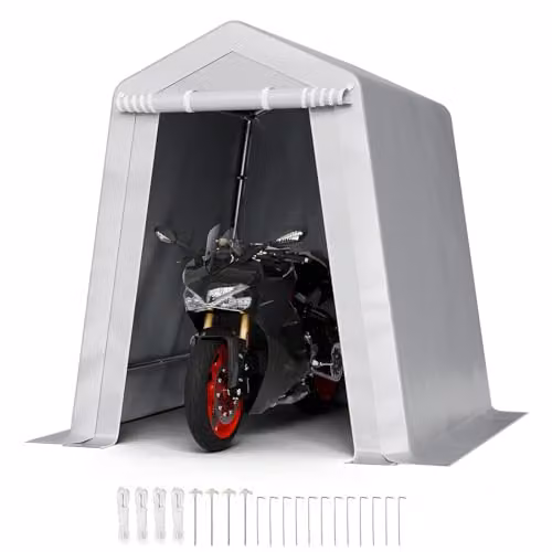 Cobertizo de almacenamiento para exteriores VEVOR con estructura de acero galvanizado y lona de poliéster, garaje portátil con puerta enrollable para motos o herramientas, Gris, An/P/Al: 183 x 183 x 213 cm