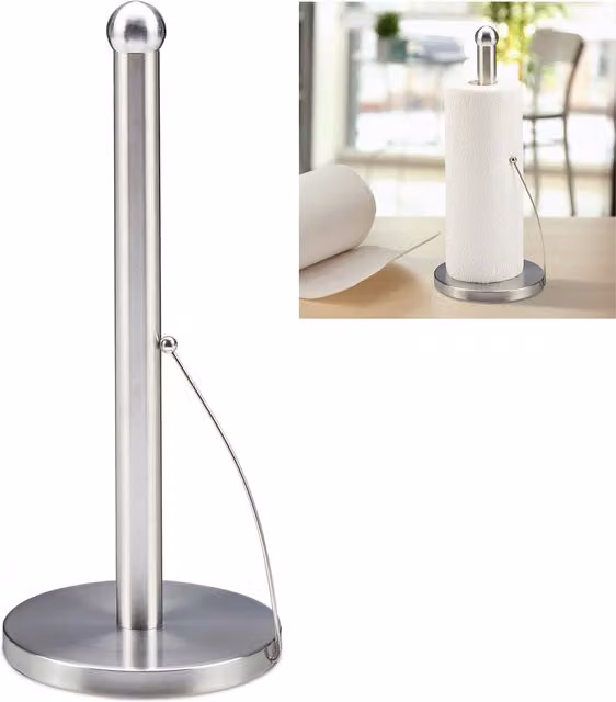 Portarrollos de cocina vertical Relaxdays de acero inoxidable cepillado y goma, plateado, Altura: 35 cm, Diámetro: 15 cm