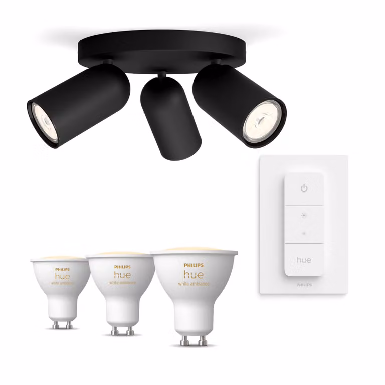 Pack Philips Hue de 3 Focos Empotrados Pongee Negros y 3 Bombillas LED GU10 Blancas Regulables