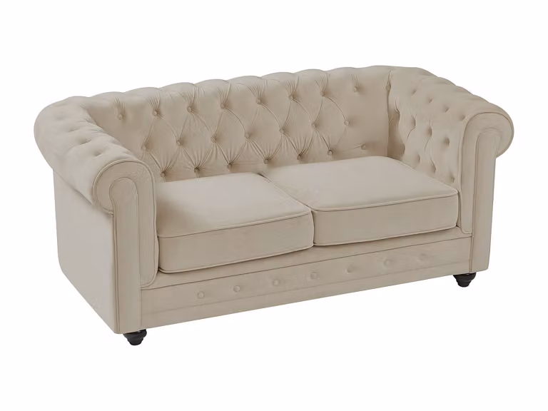 Sofá Chesterfield de 2 plazas tapizado en terciopelo beige con estructura de madera sólida de VENTE-UNIQUE (An/P/Al: 165 x 72 x 88 cm)
