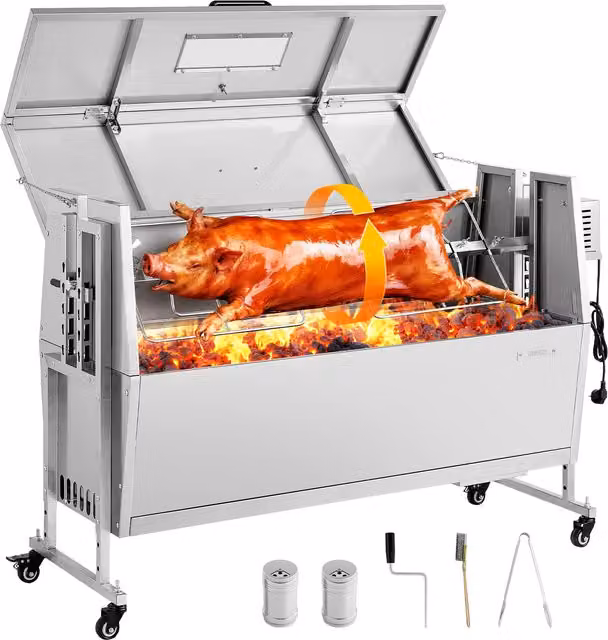 Barbacoa de carbón con asador giratorio VEVOR de acero inoxidable color plata con ruedas y motor de 38 W