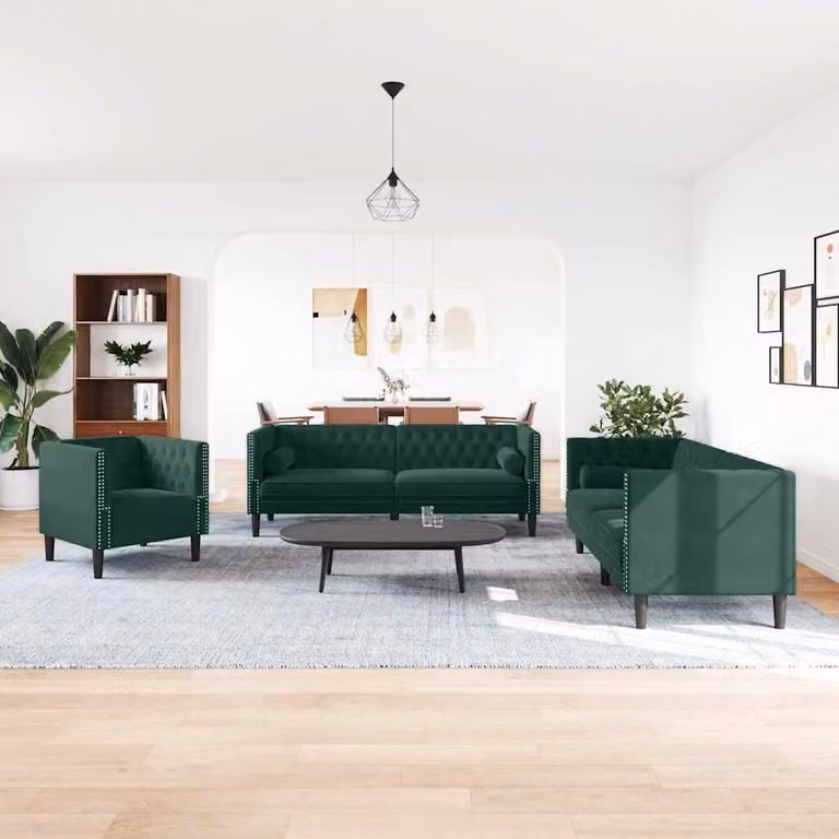 Set de sofás Chesterfield vidaXL de 3 piezas tapizados en terciopelo verde con cojines