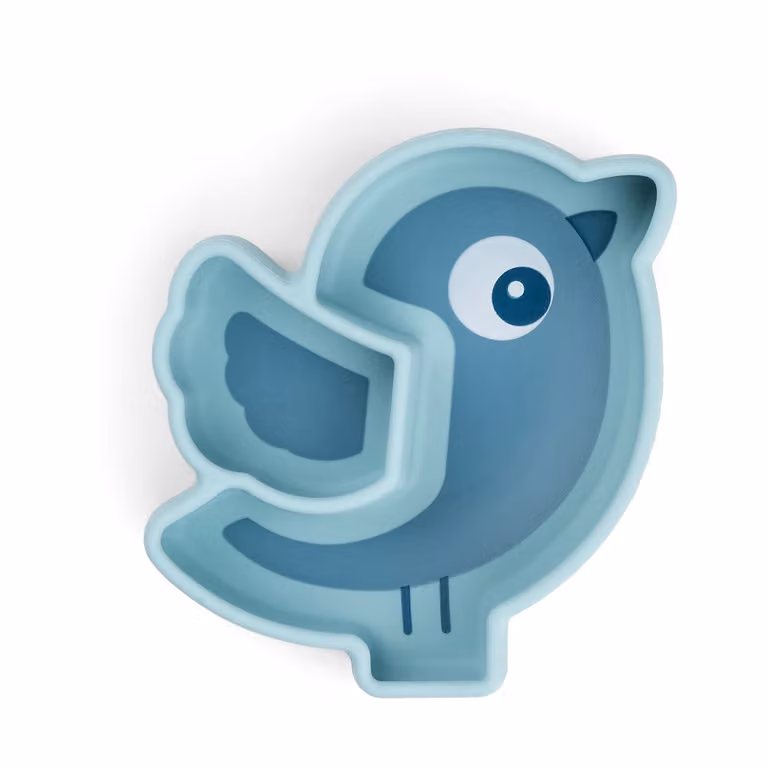 Plato infantil de silicona Done by Deer Birdee Stick&Stay con ventosa, azul, Ø 12 cm