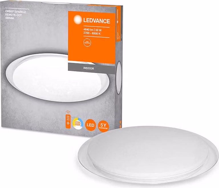 Lámpara de techo LED Ledvance Orbis Sparkle, blanca, Diámetro: 56 cm, 38W, 4640 lúmenes, regulable con mando a distancia y compatible con Alexa y Google Assistant