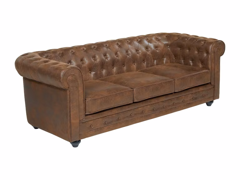 Sofá Chesterfield de 3 plazas VENTE-UNIQUE tapizado en microfibra color marrón con estructura de madera sólida